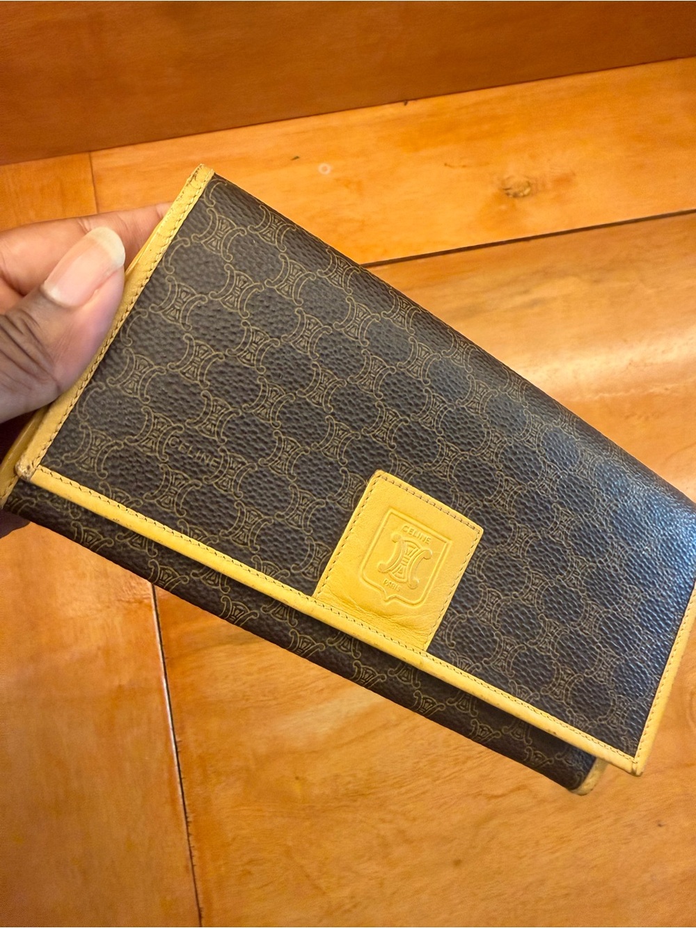 Celine Brown Monogram Wallet with Yellow Trim